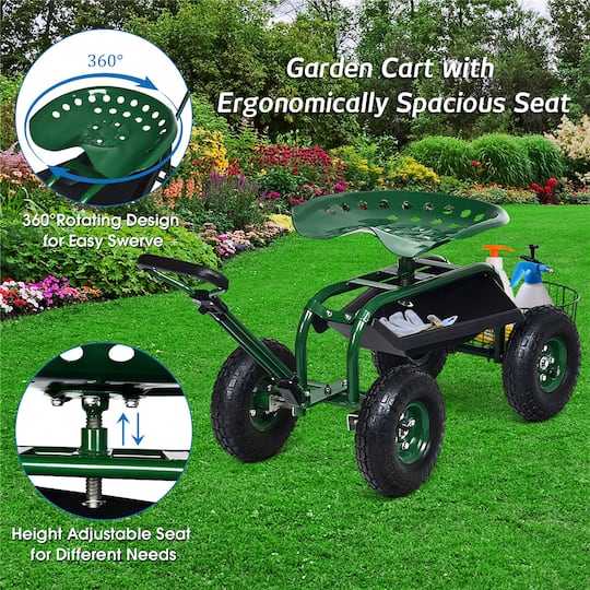 Costway Green & Black Garden Cart Rolling Work Seat with Tray Basket Extendable Handle
